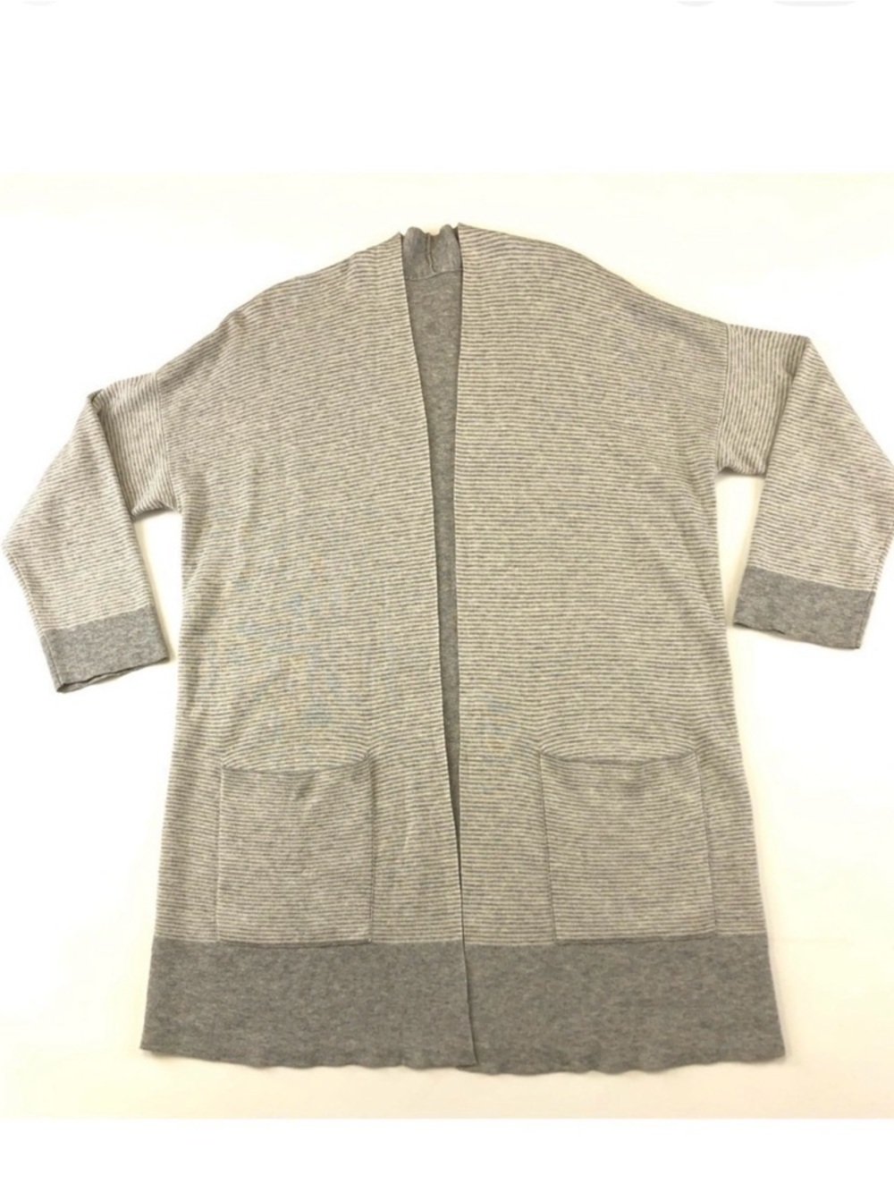 Eileen Fisher grey stripe reversible solid grey long line open cardigan Medium